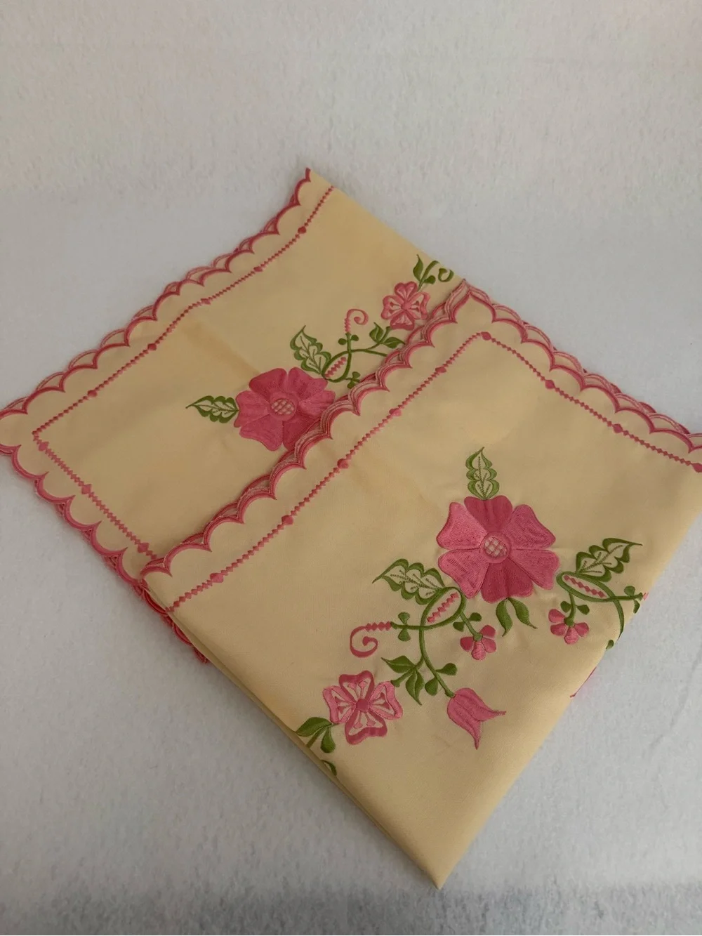 Ivory Pink & Green Floral Embroidered Pillowcase, Scalloped Edge, 33x 23 VTG